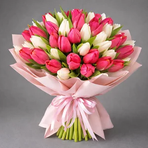 Для моей принцессы - букет из белых и розовых тюльпанов